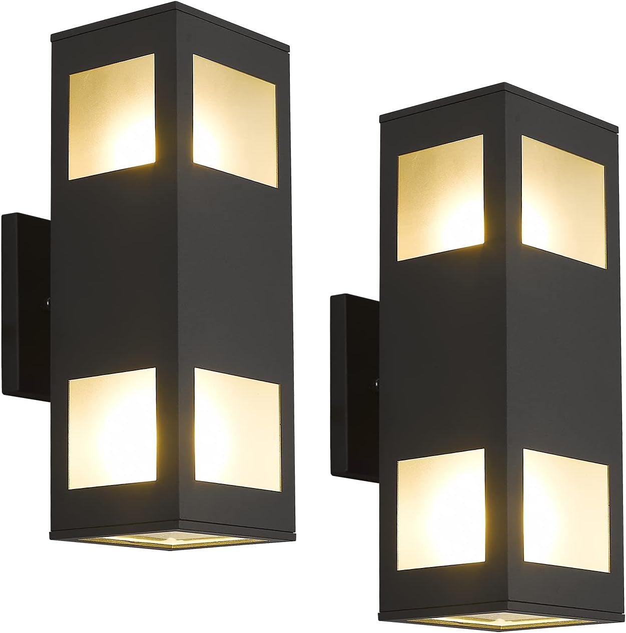 Porch Lights Outdoor Modern - IP64 Waterproof Aluminum and Tempered Glass Cover, 13" Rectangular Up/Down Wall Sconce for Porch, Garage & Patio, Exterior Lighting, Black, 2 Pack