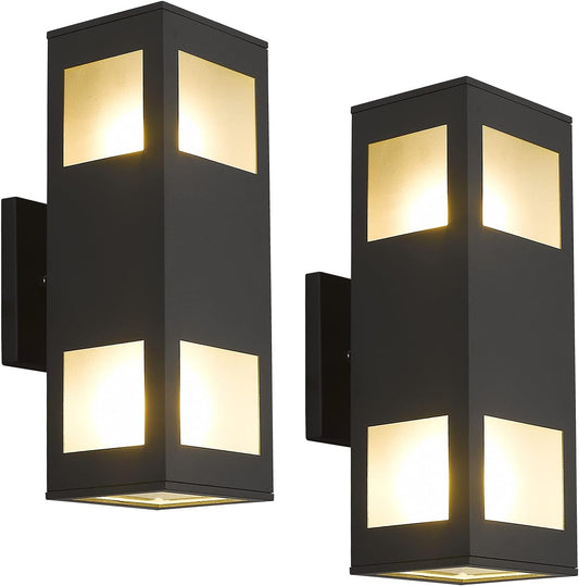Porch Lights Outdoor Modern - IP64 Waterproof Aluminum and Tempered Glass Cover, 13" Rectangular Up/Down Wall Sconce for Porch, Garage & Patio, Exterior Lighting, Black, 2 Pack