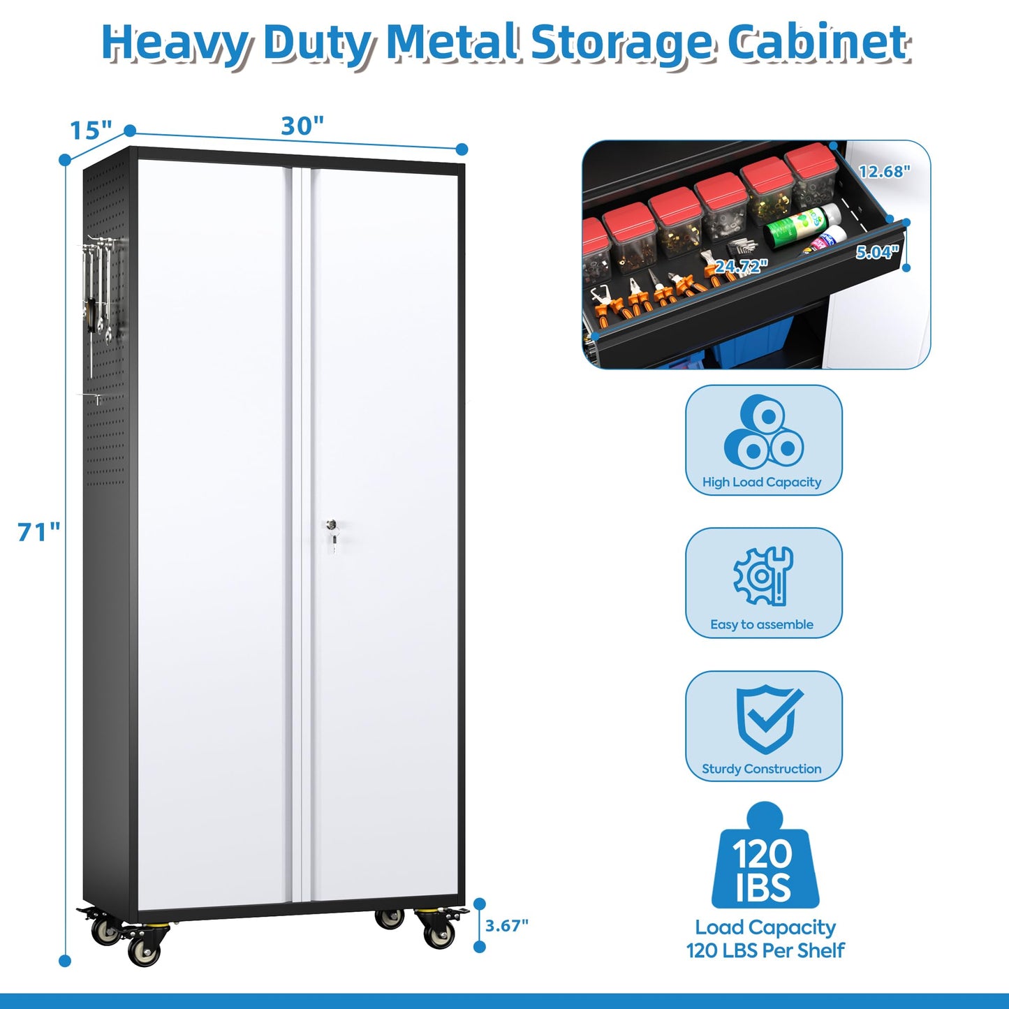71" Heavy Duty Metal Storage Cabinet with Pegboard & Lockable Drawer