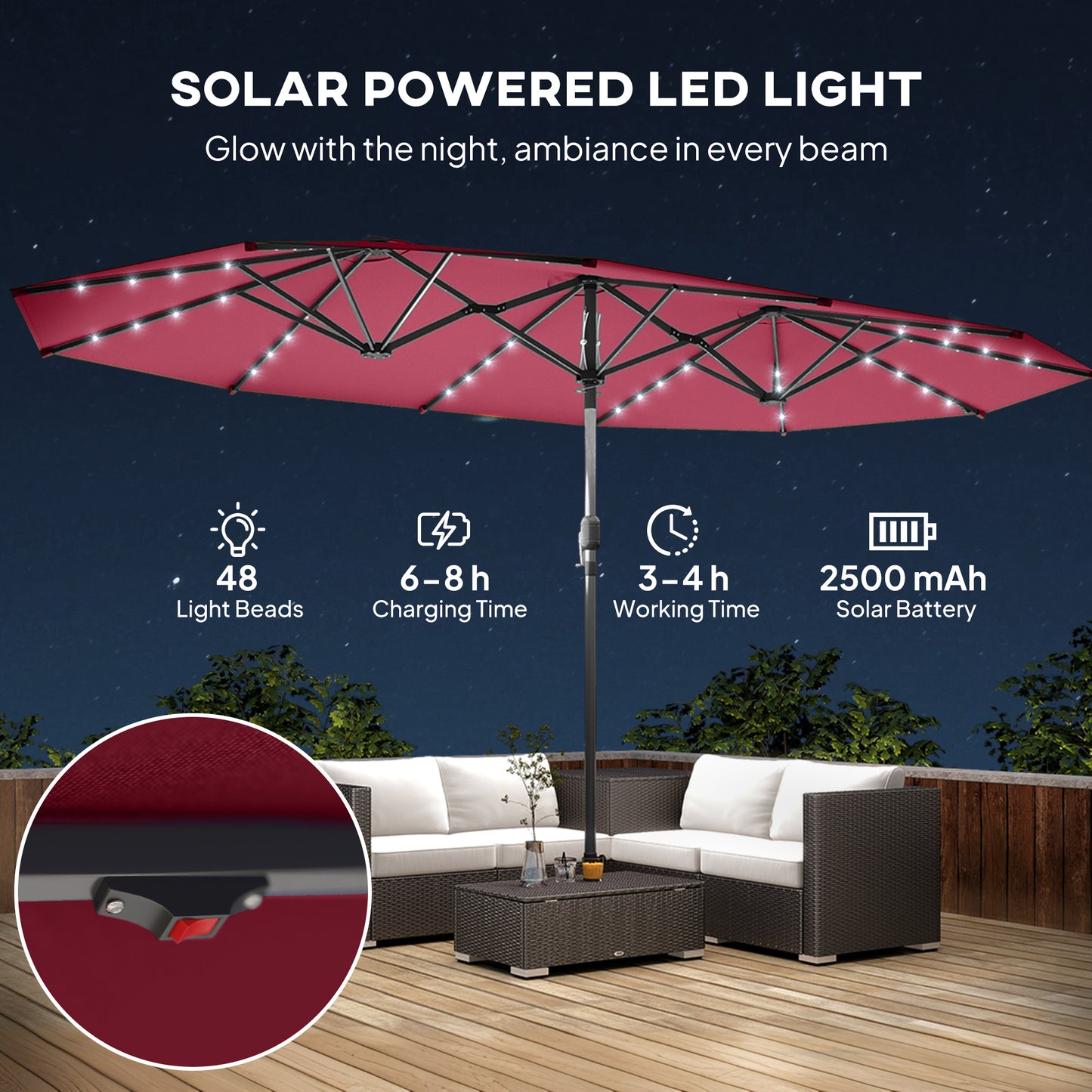 15 Ft Solar LED Patio Umbrella Parasol | Double-Sided, UV Blocking, Crank Lift