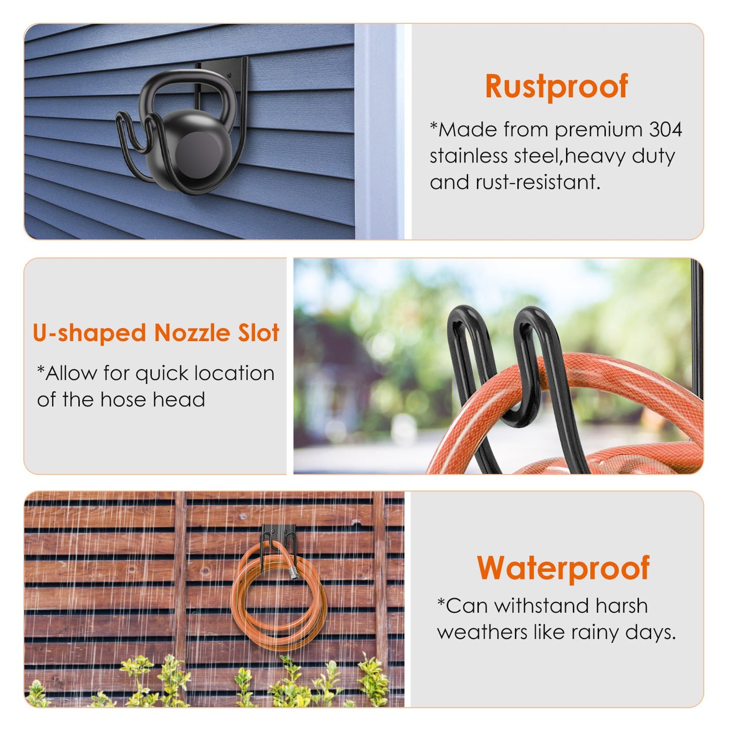Stainless Steel Wall-Mounted Garden Hose Holder with Nozzle Slot | 2-Pack, Black