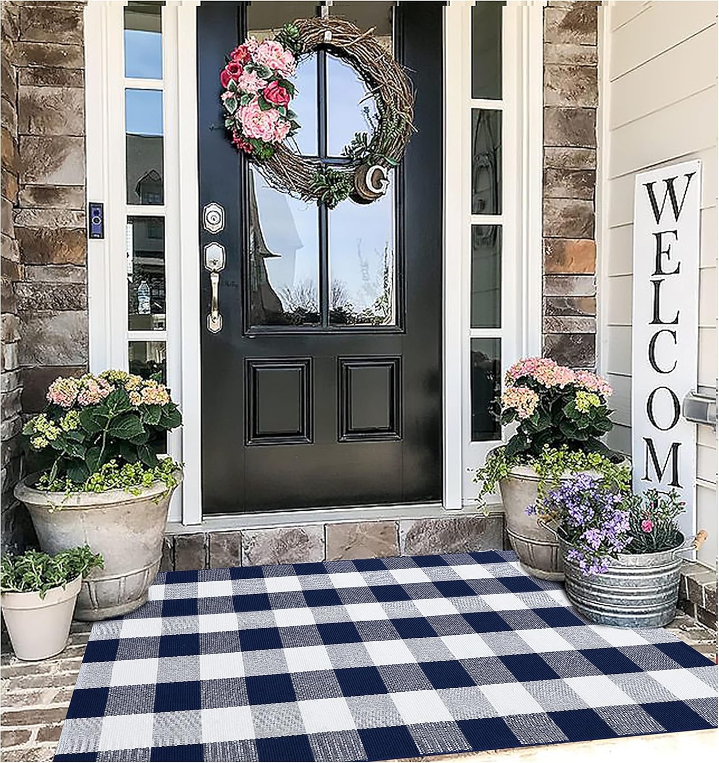 Buffalo Plaid Outdoor Rug Navy Blue 3'X5', Cotton Hand-Woven Checkered Door Mat, Reversible Foldable Washable Outdoor Rug for Layered Door Mats Porch/Front Door (35.4''X59'')