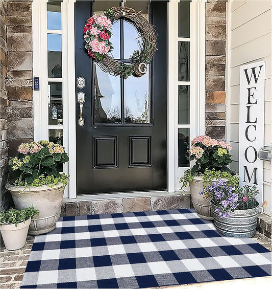 Buffalo Plaid Outdoor Rug Navy Blue 3'X5', Cotton Hand-Woven Checkered Door Mat, Reversible Foldable Washable Outdoor Rug for Layered Door Mats Porch/Front Door (35.4''X59'')