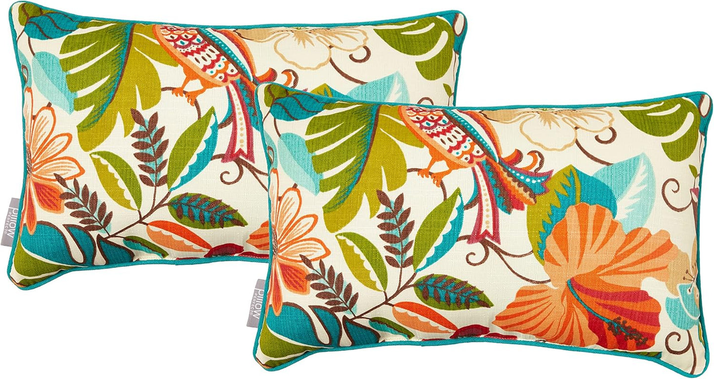 Floral Indoor/Outdoor Accent Throw Pillow Plush Fill, Weather, and Fade Resistant, Lumbar - 11.5" X 18.5", Blue/Brown Pom Pom Play 2 Count