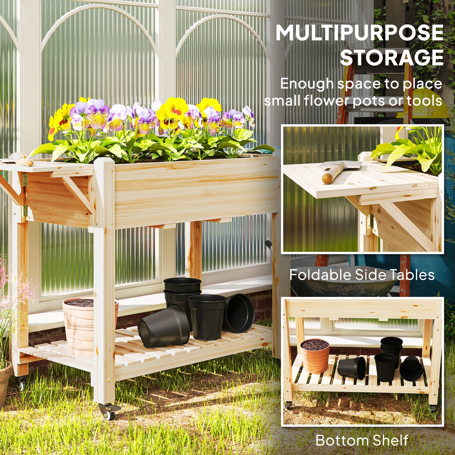 Elevated Raised Garden Bed with Wheels, Side Tables & Storage - Natural Wood