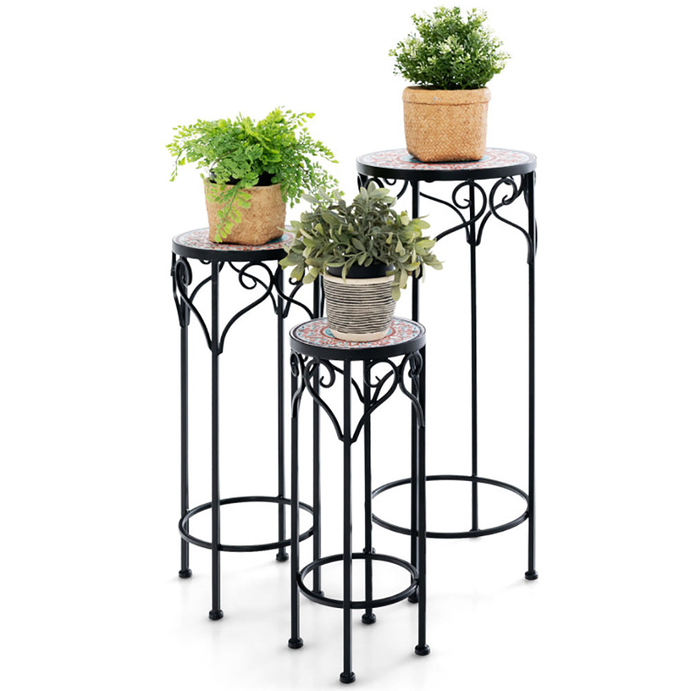 3-Piece Mosaic Plant Stand Set – Stackable Metal Outdoor Plant Holders
