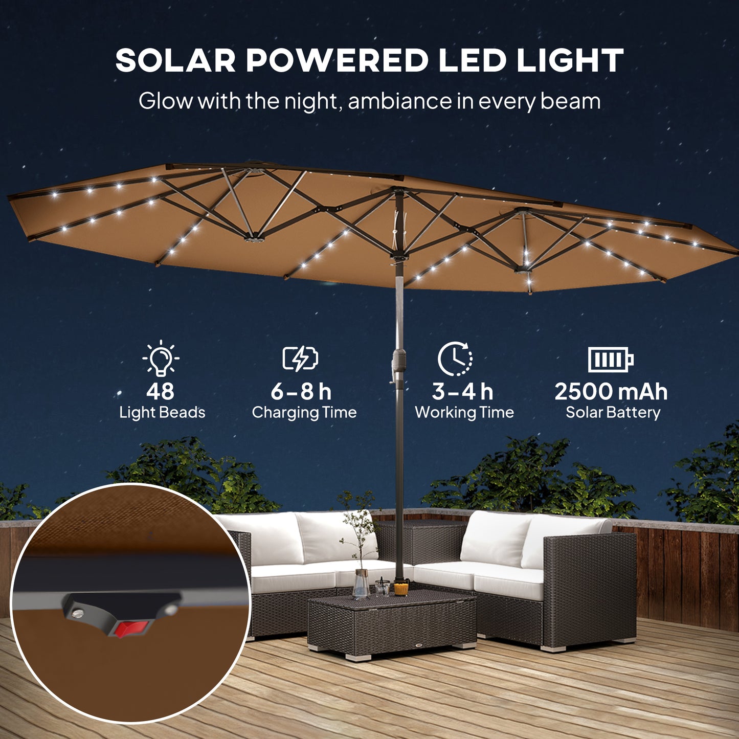 15 Ft Solar LED Patio Umbrella Parasol | Double-Sided, UV Blocking, Crank Lift