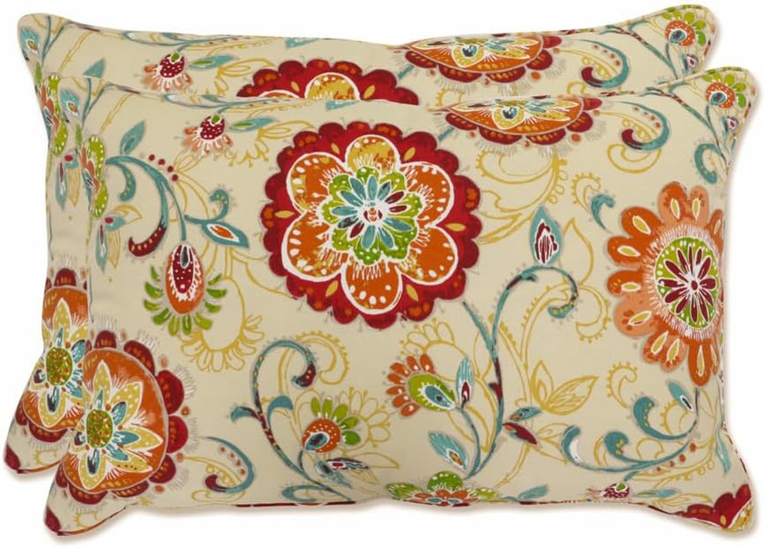 Floral Indoor/Outdoor Accent Throw Pillow Plush Fill, Weather, and Fade Resistant, Lumbar - 11.5" X 18.5", Blue/Brown Pom Pom Play 2 Count
