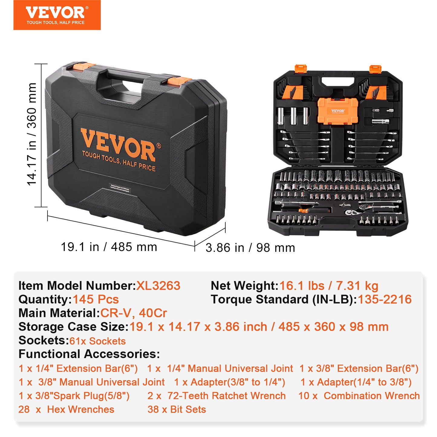 VEVOR 145-Piece Mechanics Tool Set – SAE & Metric Socket Set with Storage Case
