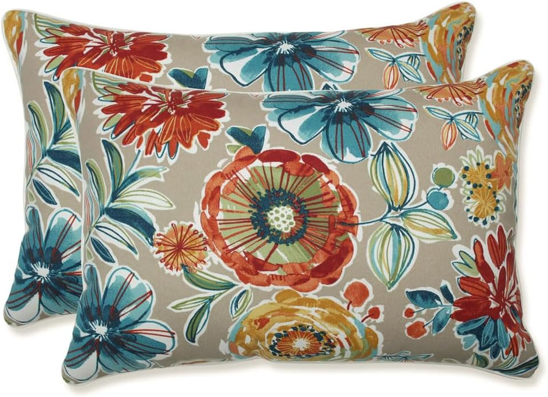 Floral Indoor/Outdoor Accent Throw Pillow Plush Fill, Weather, and Fade Resistant, Lumbar - 11.5" X 18.5", Blue/Brown Pom Pom Play 2 Count