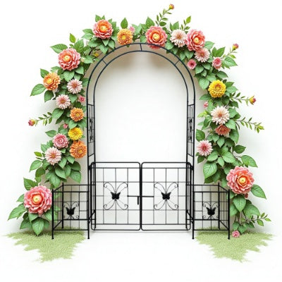 Iron Garden Arch Arbor with Gate & Lattice Panels – Easy Assembly, Climbing Plants