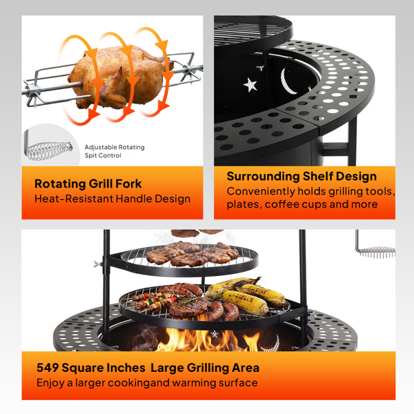 33-Inch Fire Pit & BBQ Grill with Rotisserie, 2 Grates
