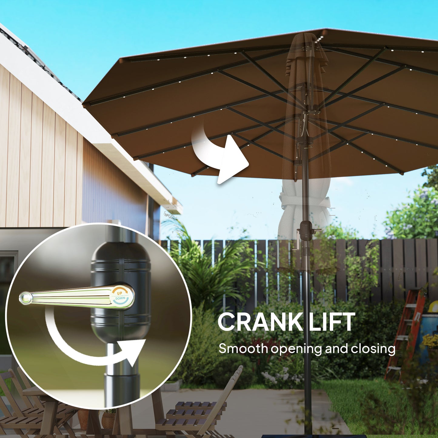 15 Ft Solar LED Patio Umbrella Parasol | Double-Sided, UV Blocking, Crank Lift