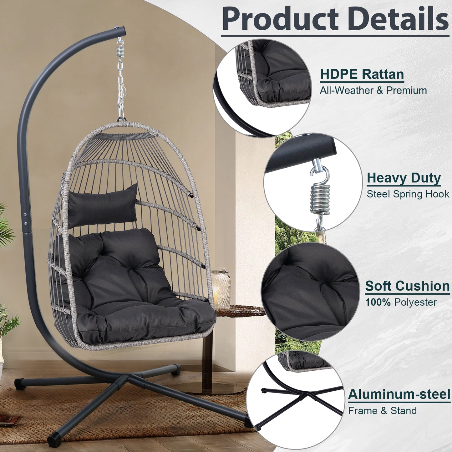 Gray Wicker Hanging Egg Chair – 350 lb Capacity, All-Weather, Foldable with Cushion