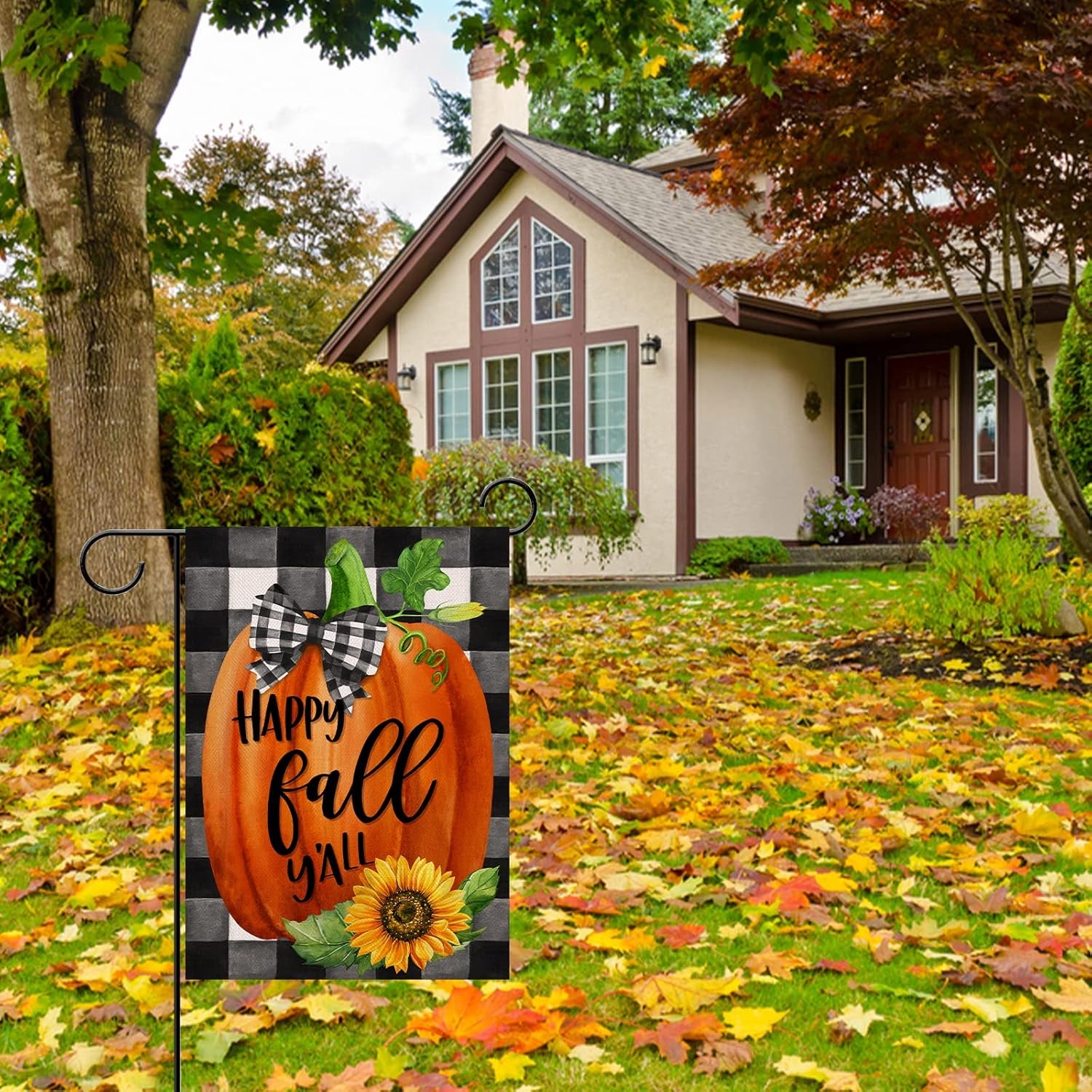 Happy Fall Y'All Farmhouse Pumpkin Decorative Burlap Garden Flag, Buffalo Plaid Check Home Yard Small Outdoor Decor, Rustic Autumn Harvest Sunflower outside Decoration Double Sided 12 X 18