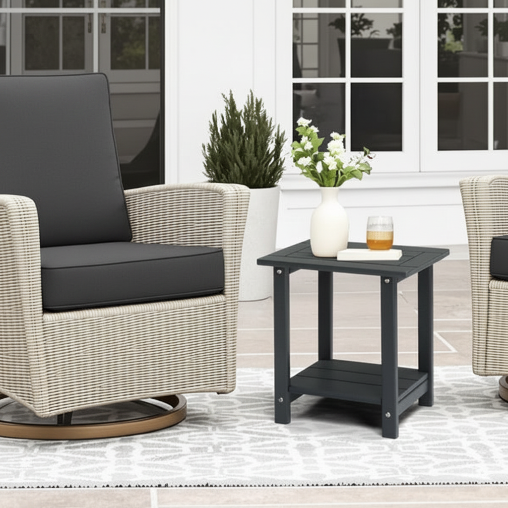 2-Tier Outdoor HDPE Side Table with Storage Shelf, Weather Resistant, Dark Gray