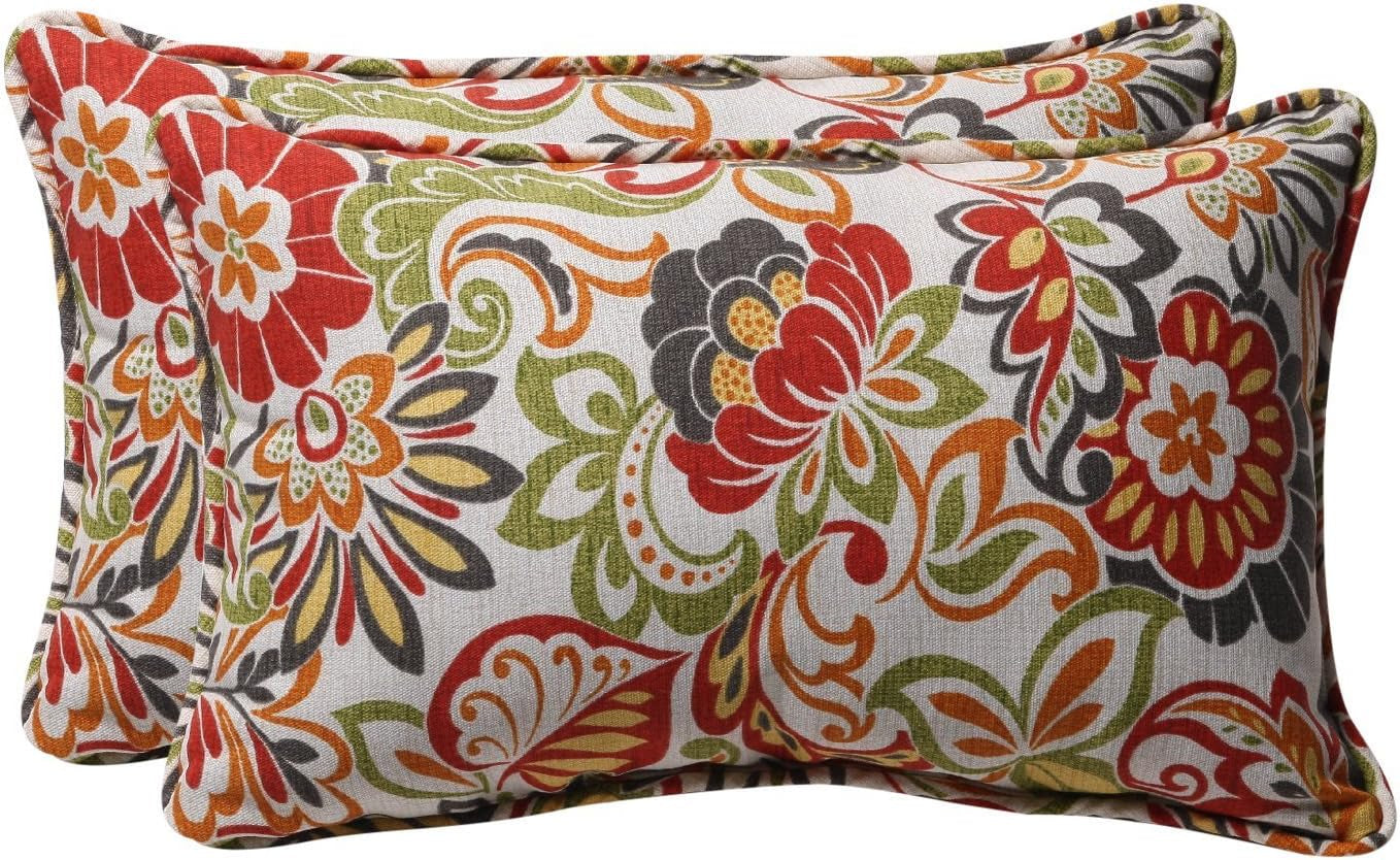 Floral Indoor/Outdoor Accent Throw Pillow Plush Fill, Weather, and Fade Resistant, Lumbar - 11.5" X 18.5", Blue/Brown Pom Pom Play 2 Count