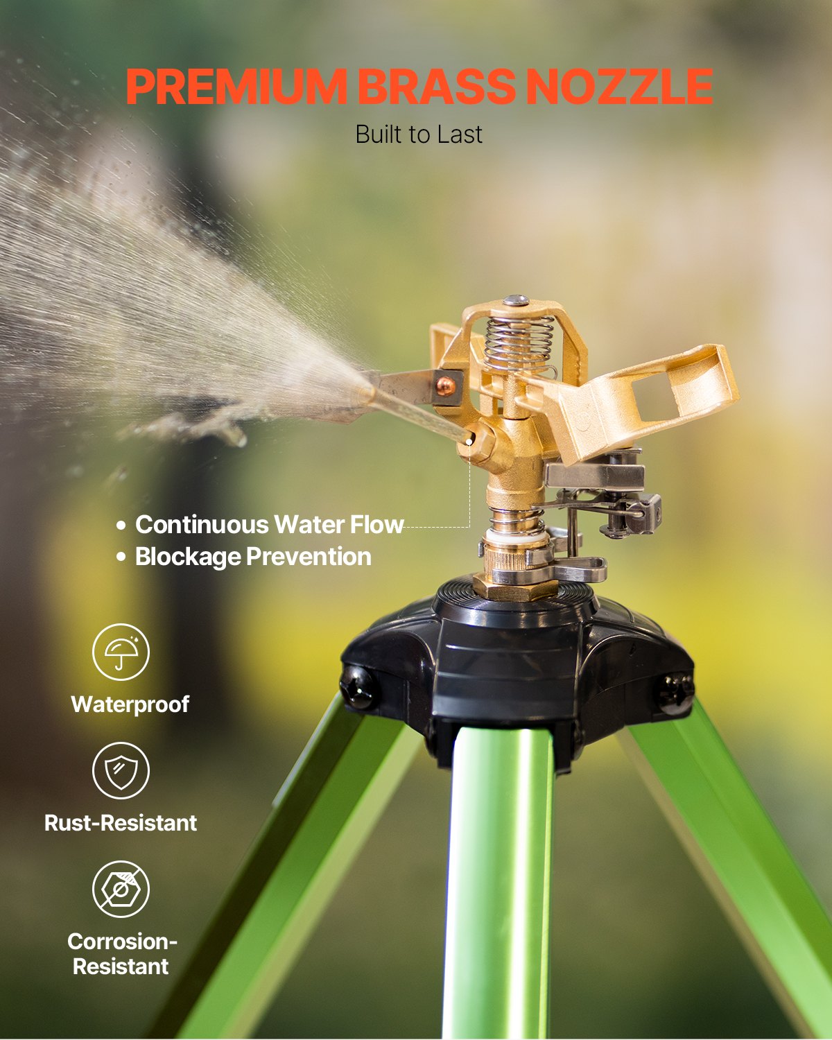 Impact Sprinkler on Tripod Base, Brass Head, 360° Coverage, Adjustable 17–37 in