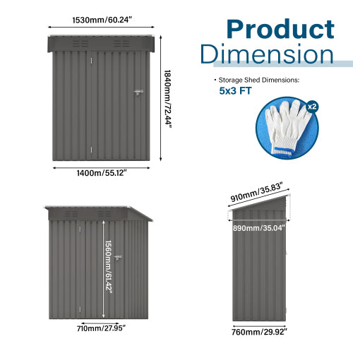 5 x 3 ft Metal Outdoor Storage Shed with Pitched Roof and Lockable Door