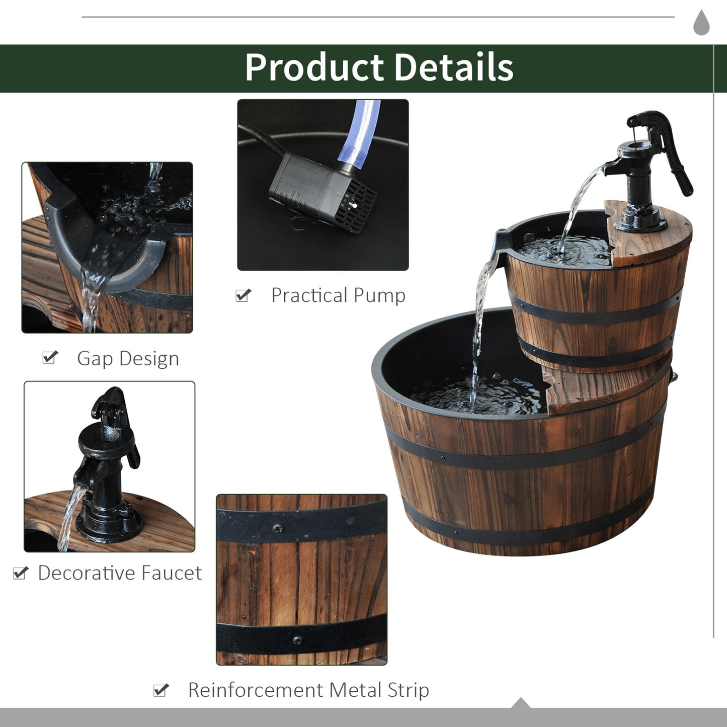 2-Tier Rustic Wood Barrel Outdoor Water Fountain with Pump, 23"