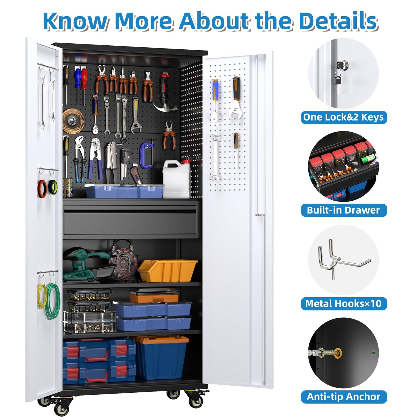 71" Heavy Duty Metal Storage Cabinet with Pegboard & Lockable Drawer