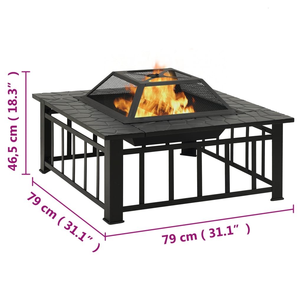 Fire Pit with Poker & Spark Screen - 79x79cm Steel Outdoor Fire Bowl