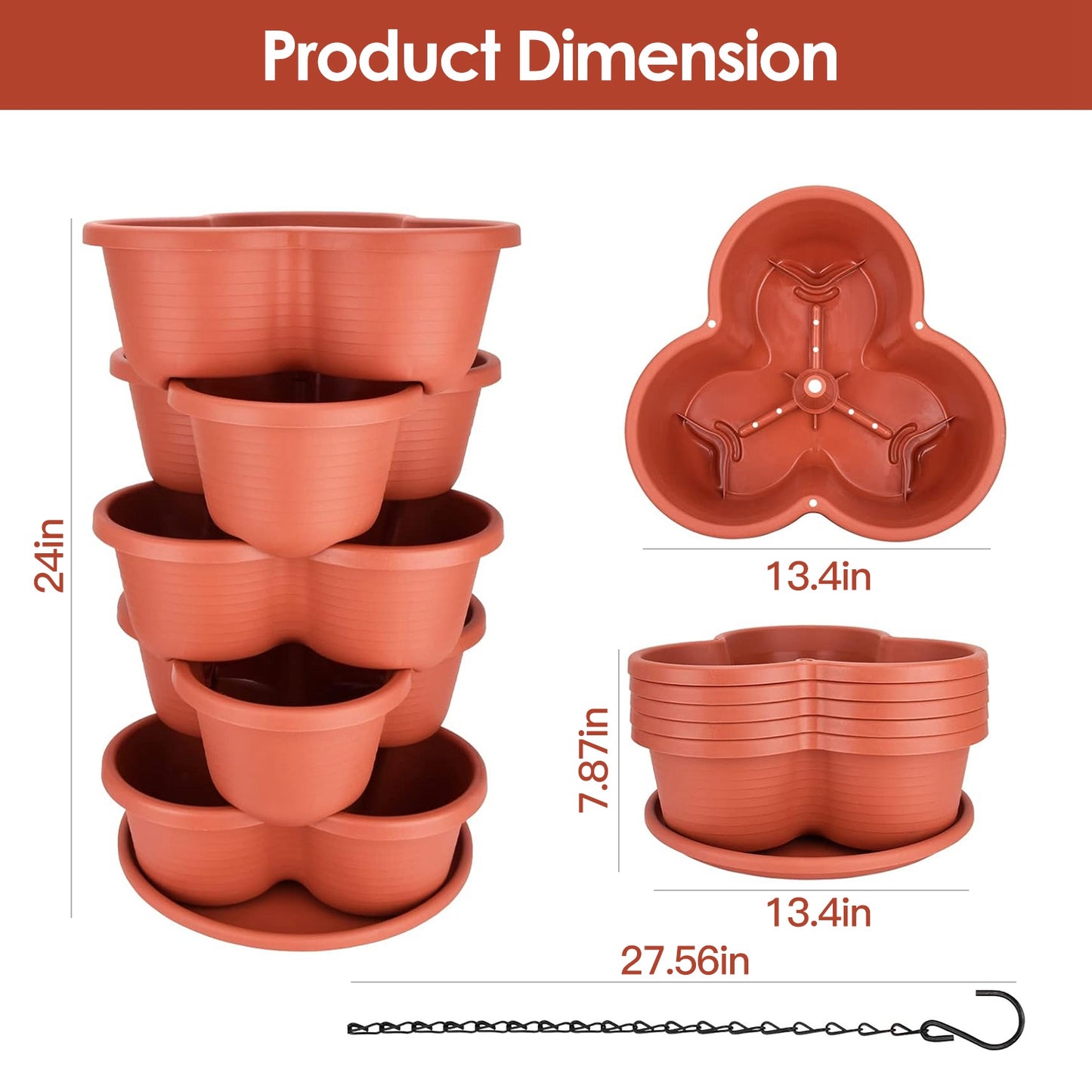 5-Tier Stackable Vertical Planter with Drainage & Hanging Chain — 13.4"