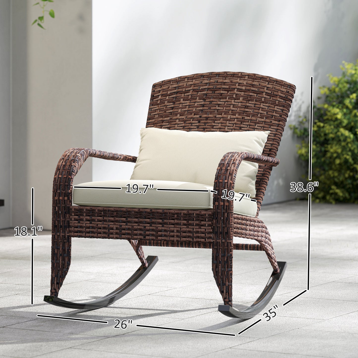 Outdoor Wicker Rocking Chair with High Back Cushion and Pillow, Adirondack Style