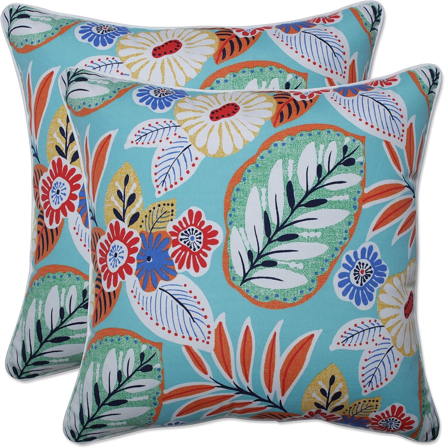 Floral Indoor/Outdoor Accent Throw Pillow Plush Fill, Weather, and Fade Resistant, Lumbar - 11.5" X 18.5", Blue/Brown Pom Pom Play 2 Count