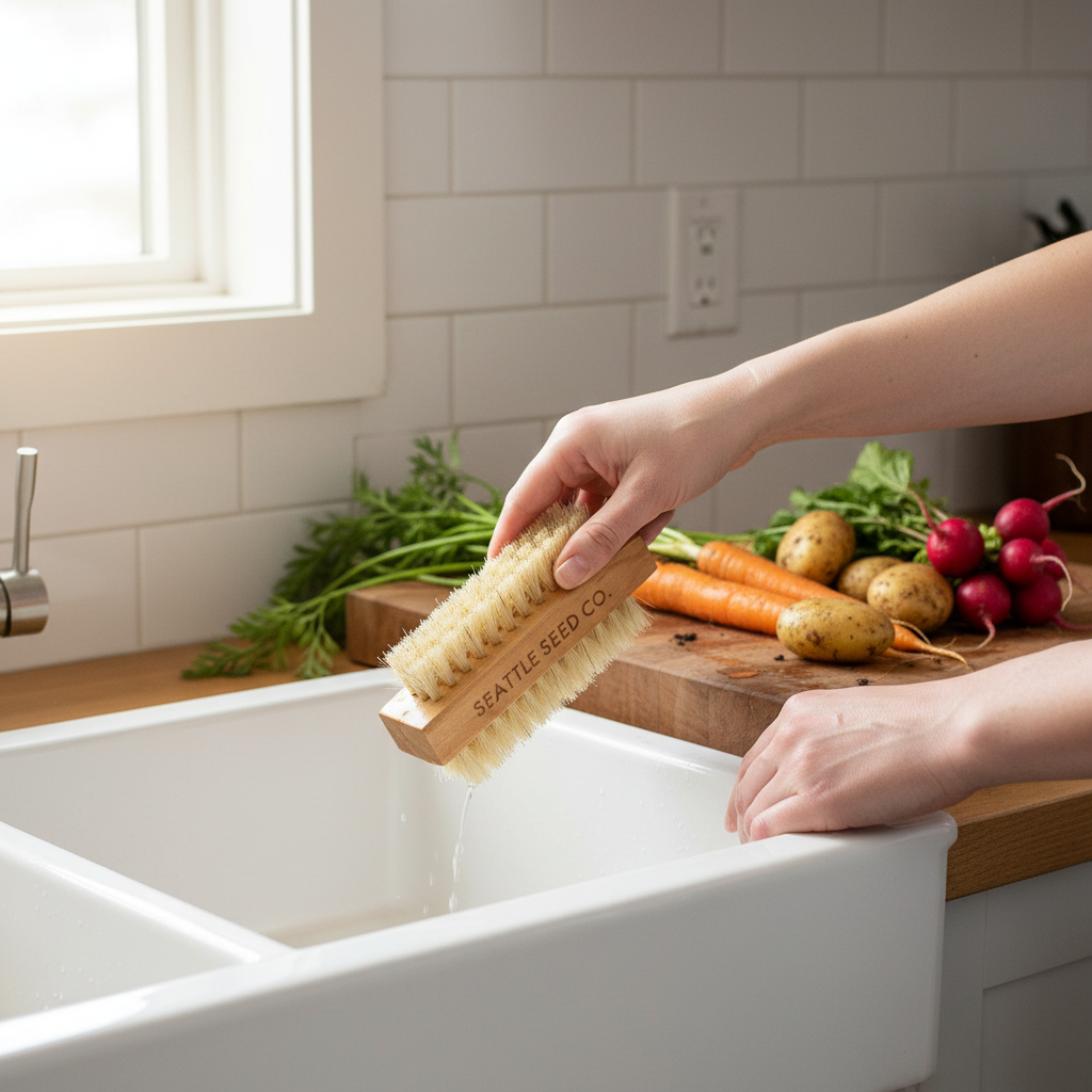 Wooden brush with bristles labeled 'Seattle Seed Co' on a white background