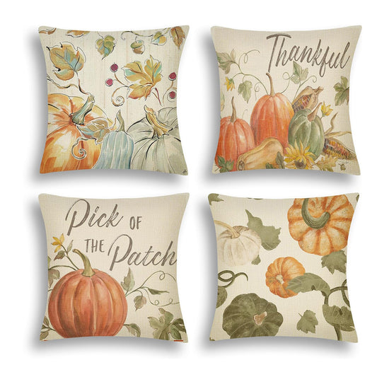 Thanksgiving Fall Throw Pillow Covers Set - 4 Pack Pumpkin Watercolor 18x18