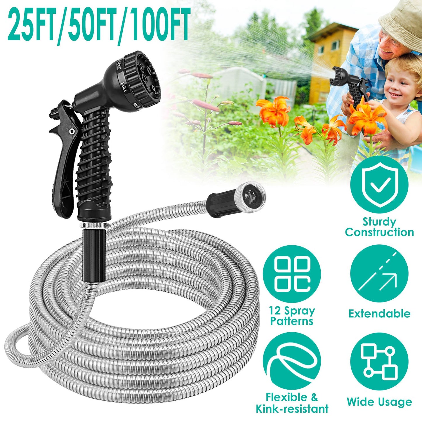 Heavy Duty Stainless Steel Garden Hose with Dual Spray Nozzles