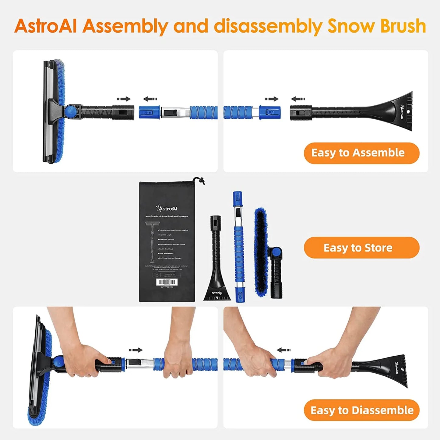Ice Scrapers for Car Windshield, 47.2" Snow Brush with Squeegee, Exentable Handle, 270° Pivoting Snow Scraper for Car, Blue