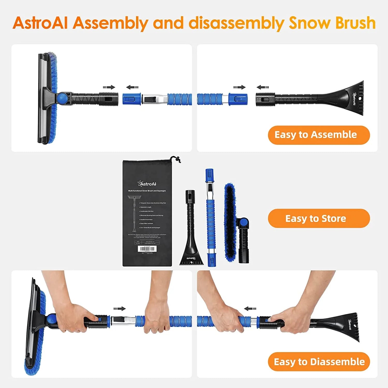 Ice Scrapers for Car Windshield, 47.2" Snow Brush with Squeegee, Exentable Handle, 270° Pivoting Snow Scraper for Car, Blue