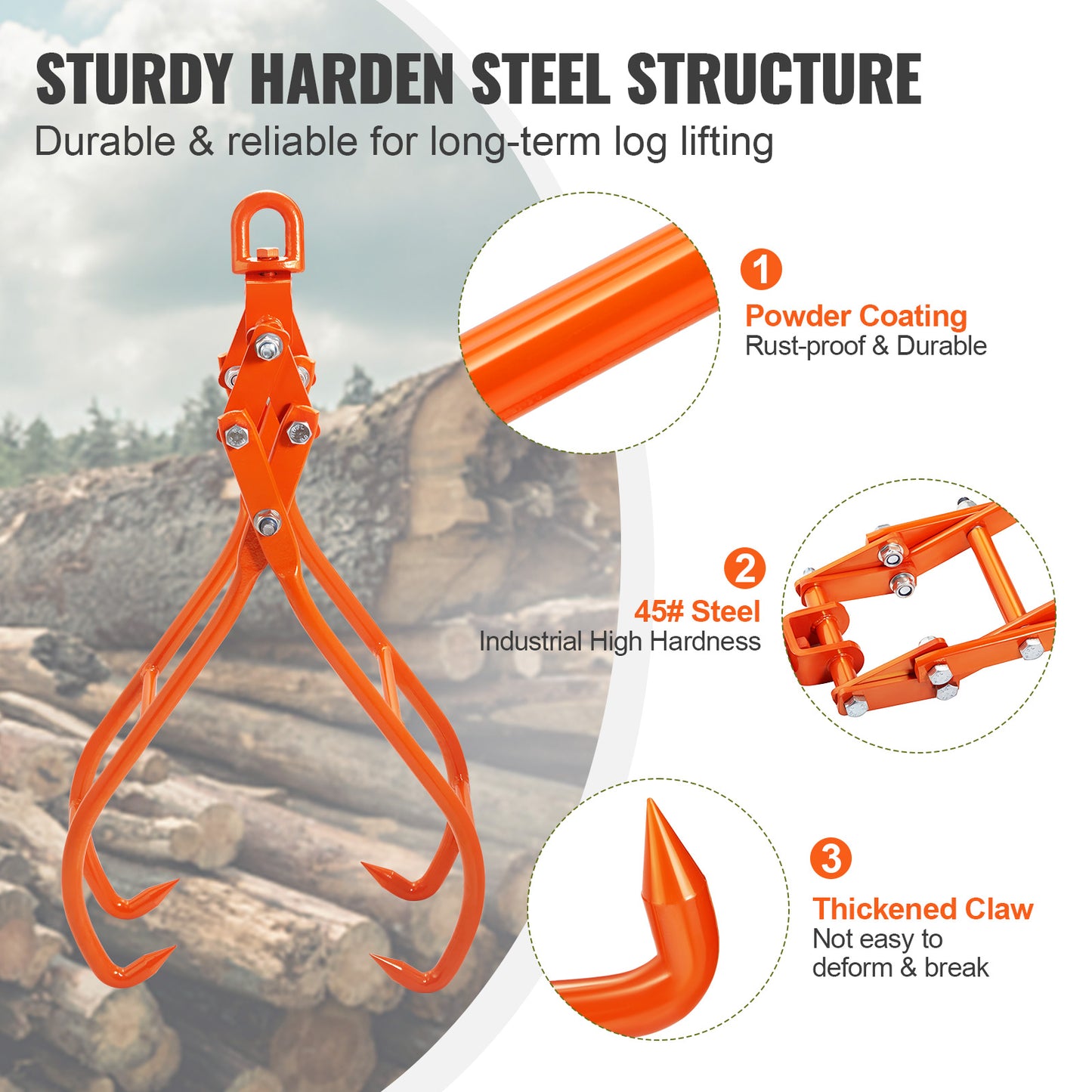 28" Log Grapple Hook with 4 Claws - 2205 lb Capacity Timber Lifting Tongs