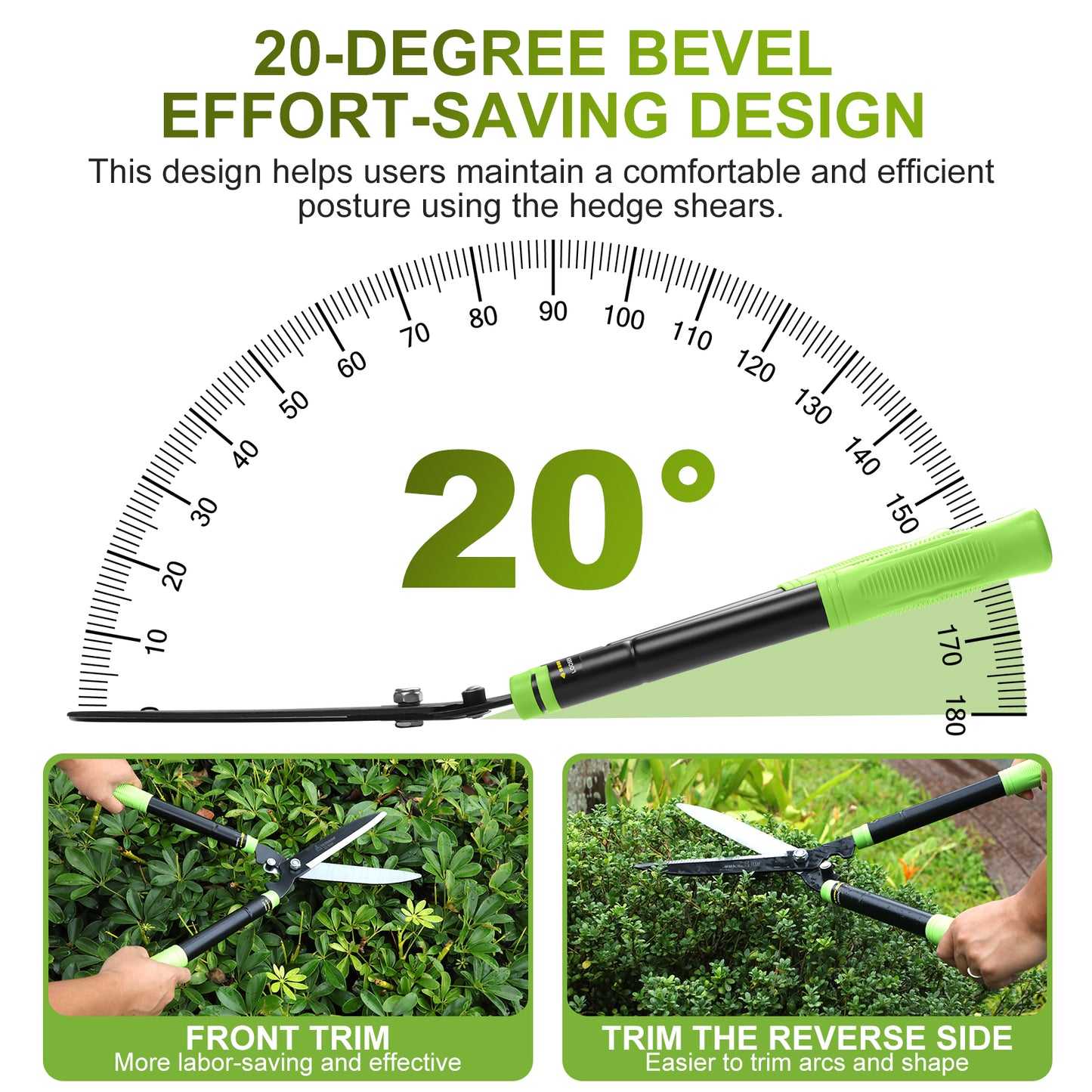 Hedge trimmer with 20-degree bevel design illustration and usage examples.