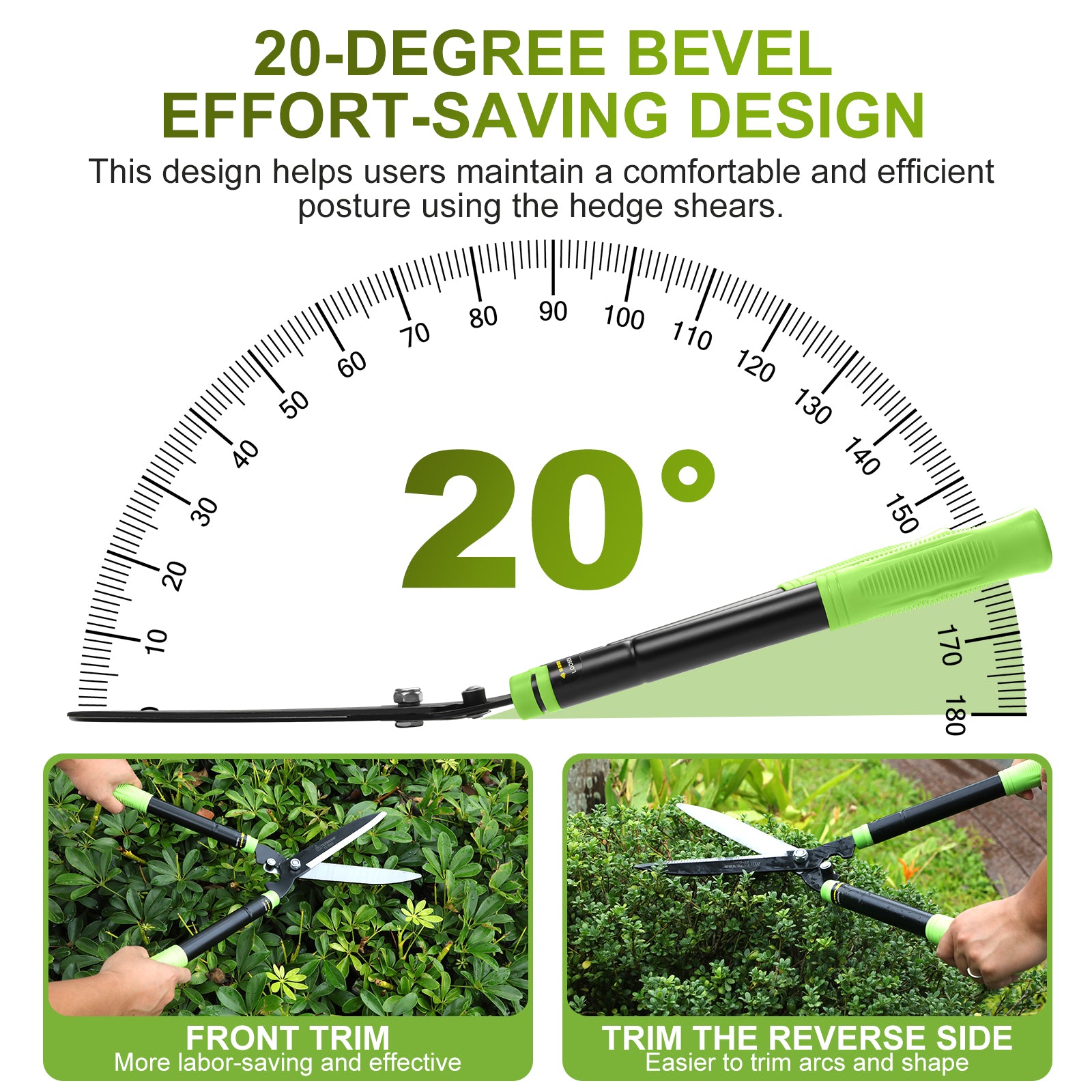 Hedge trimmer with 20-degree bevel design illustration and usage examples.
