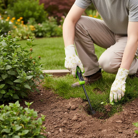 Person gardening with a trowel in a garden setting