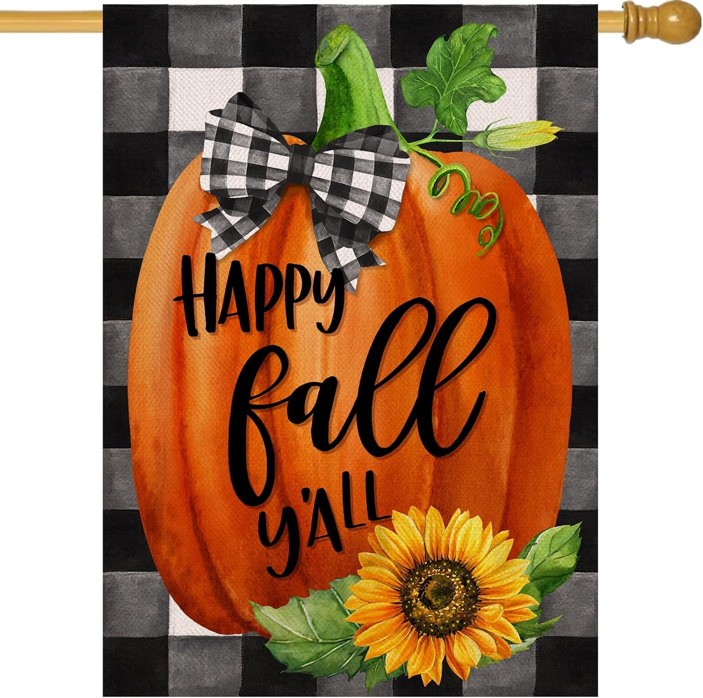 Happy Fall Y'All Farmhouse Pumpkin Decorative Burlap Garden Flag, Buffalo Plaid Check Home Yard Small Outdoor Decor, Rustic Autumn Harvest Sunflower outside Decoration Double Sided 12 X 18