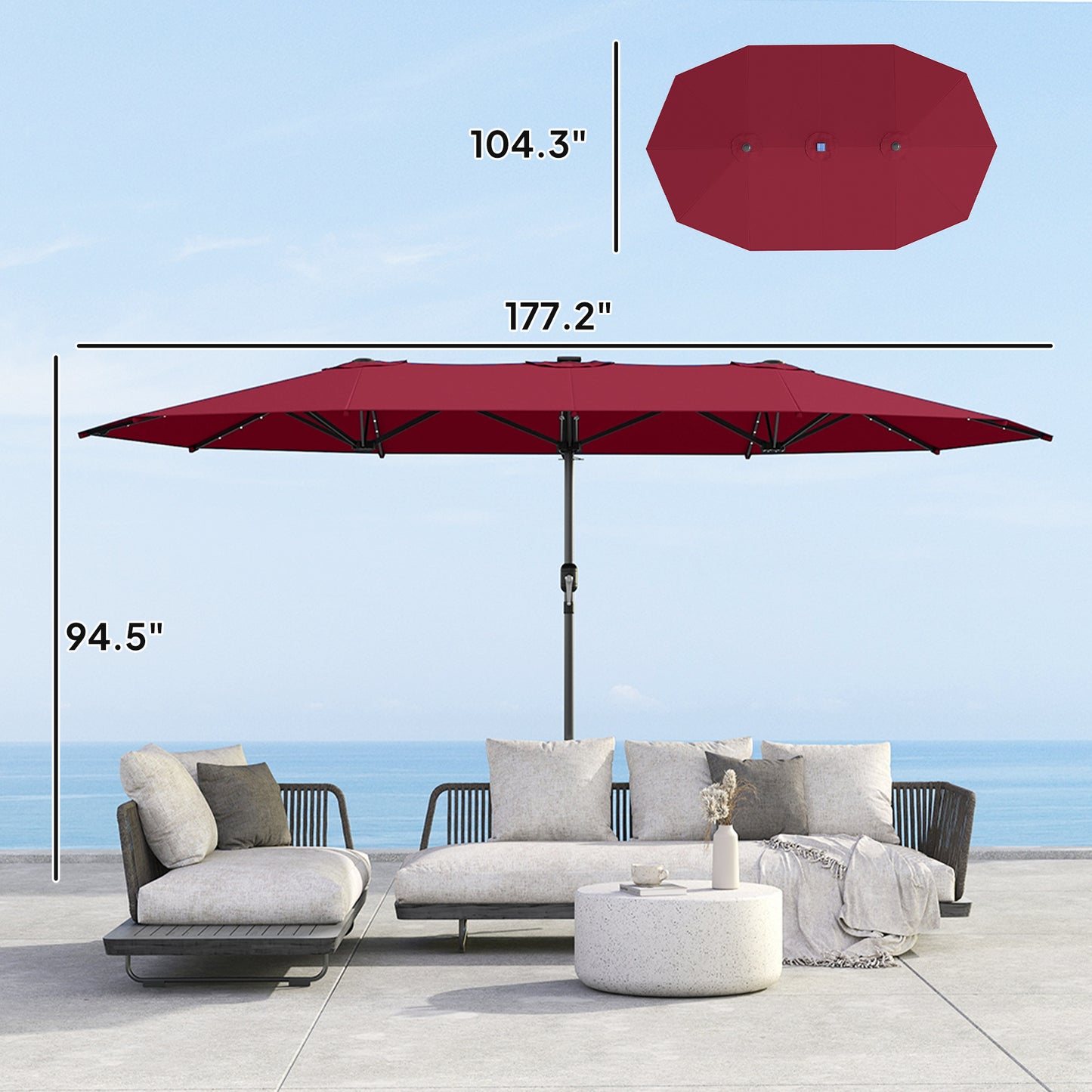 15 Ft Solar LED Patio Umbrella Parasol | Double-Sided, UV Blocking, Crank Lift