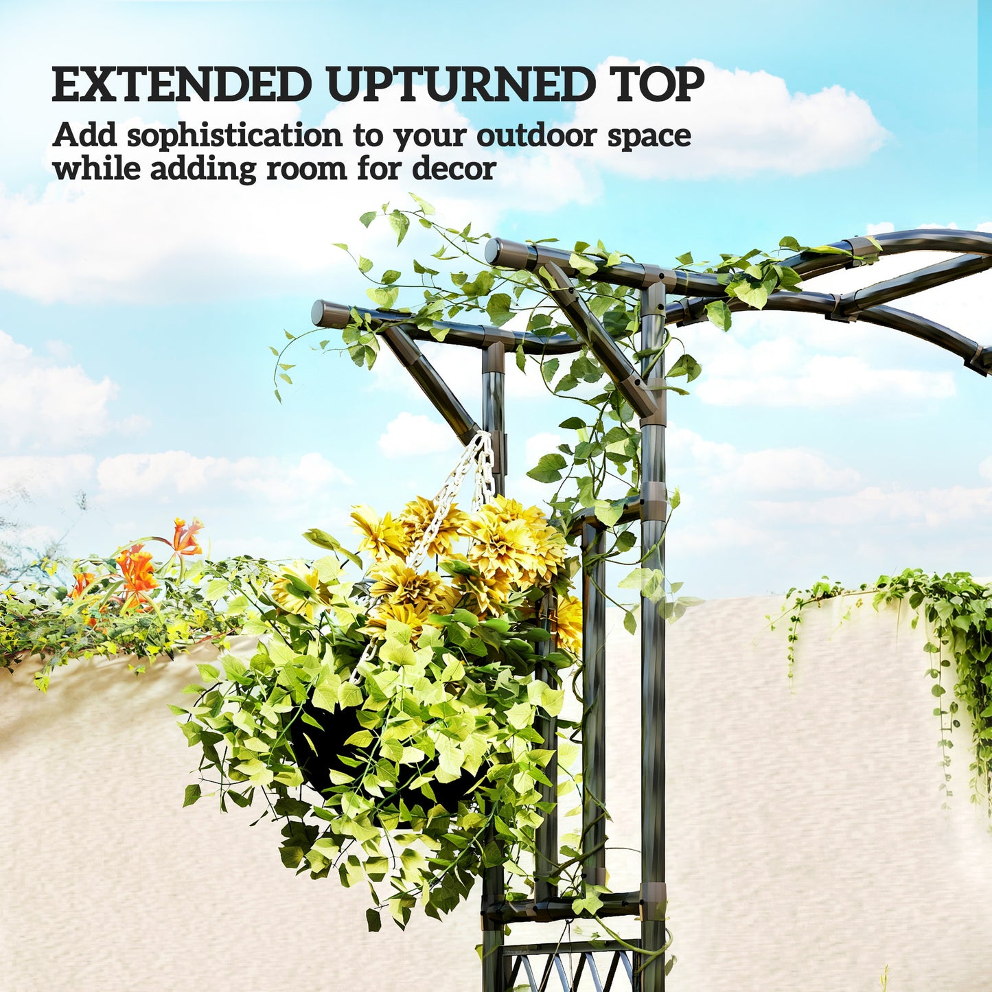 Steel Garden Arch Trellis with Extended Top and Snap-On Assembly, Black