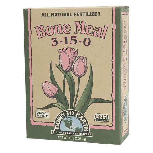 Box of Down to Earth Bone Meal fertilizer with tulip illustration on a white background