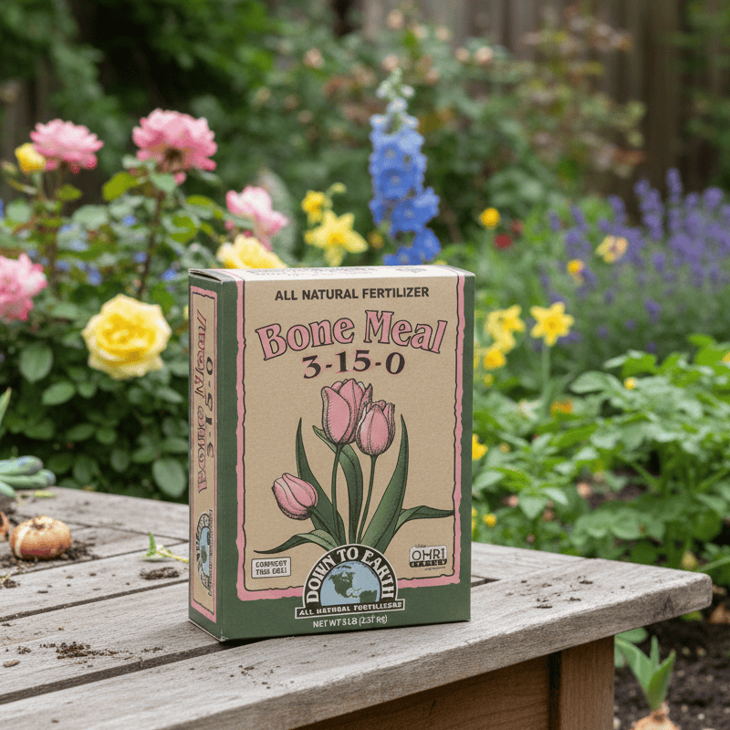 Box of Down to Earth Bone Meal fertilizer on a wooden table with flowers in the background