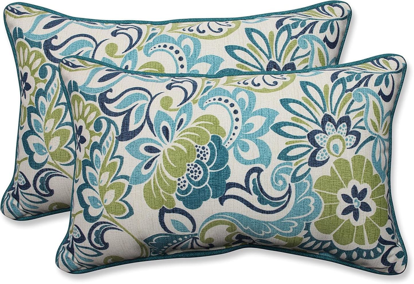 Floral Indoor/Outdoor Accent Throw Pillow Plush Fill, Weather, and Fade Resistant, Lumbar - 11.5" X 18.5", Blue/Brown Pom Pom Play 2 Count
