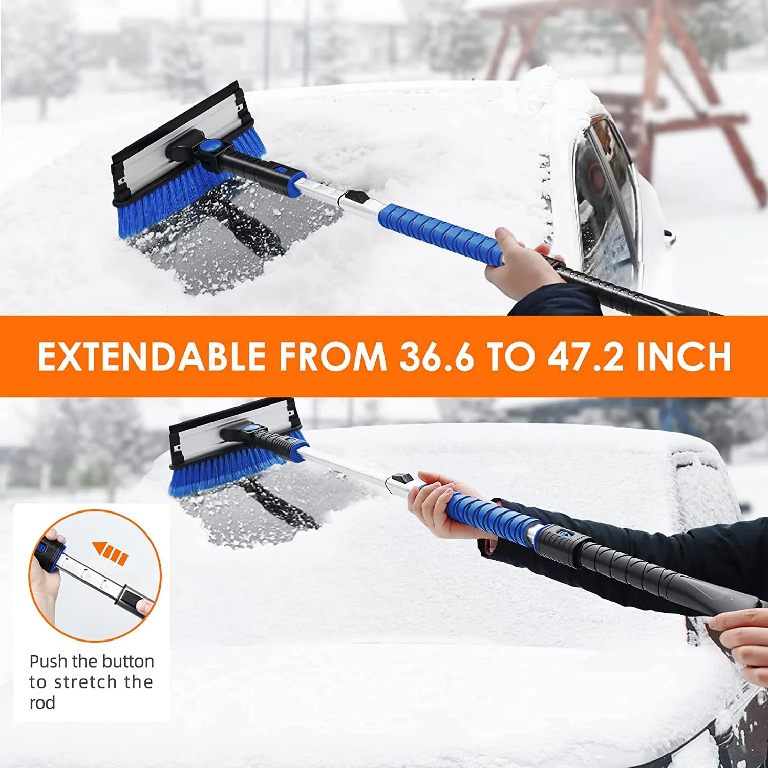 Ice Scrapers for Car Windshield, 47.2" Snow Brush with Squeegee, Exentable Handle, 270° Pivoting Snow Scraper for Car, Blue