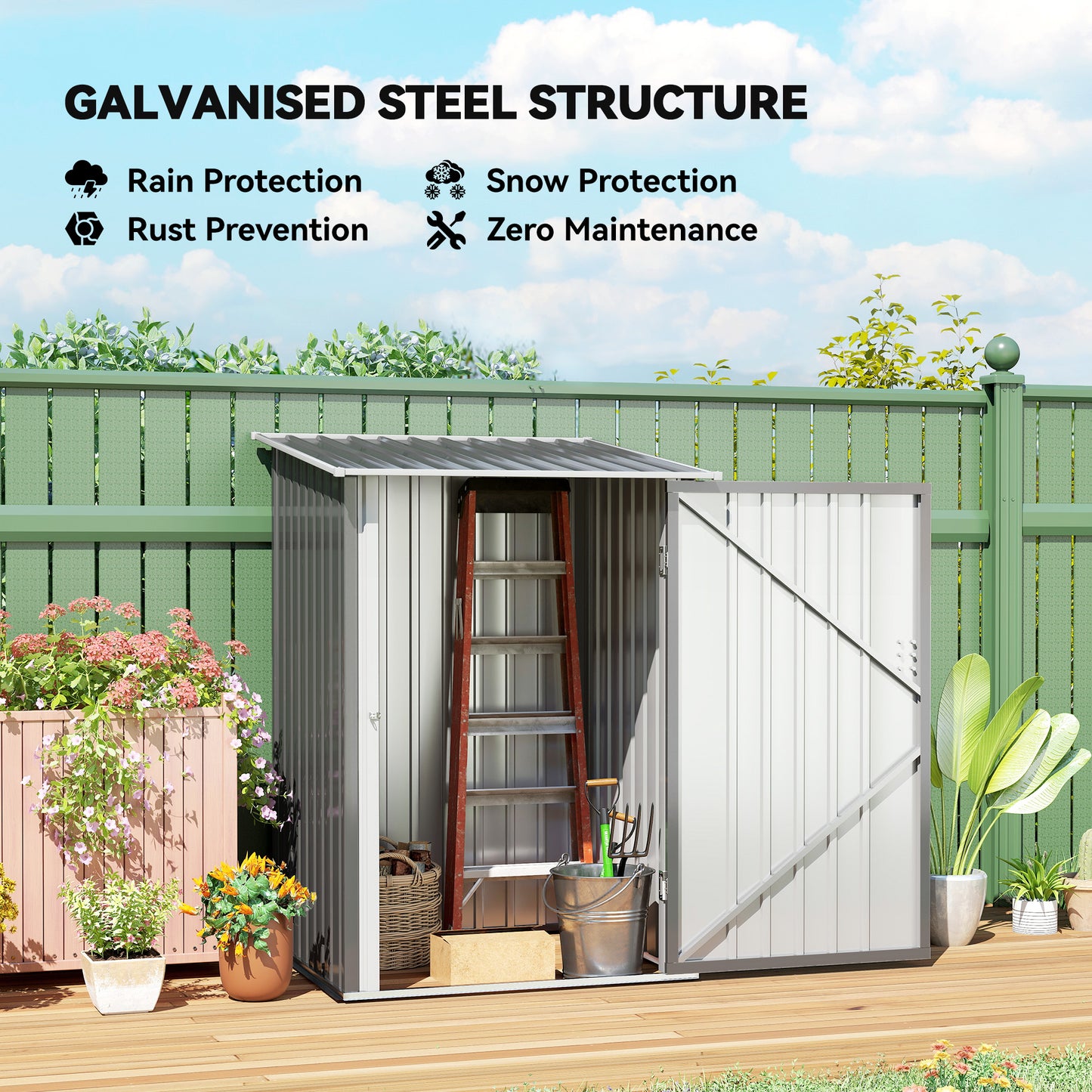 Lean-To Outdoor Storage Shed – Galvanized Steel, Lockable, 10 sq ft, Gray