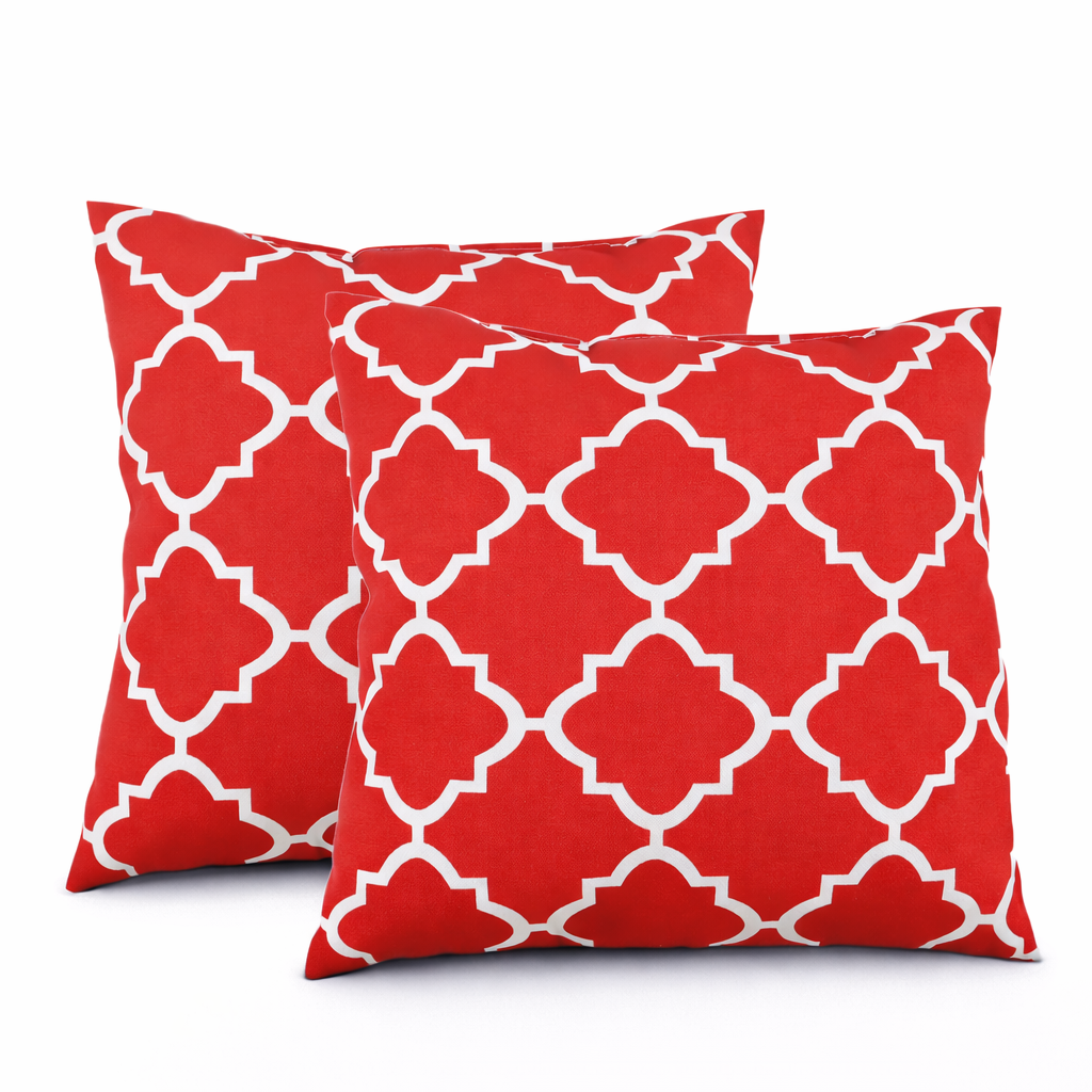Two red patterned pillows on a white background