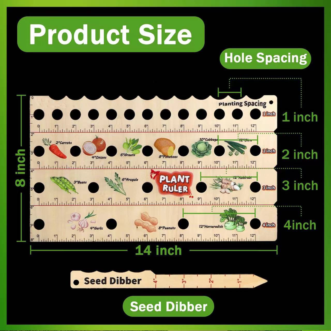 Wooden Garden Planting Ruler - Seed Spacing Guide with Plant Chart - 14"