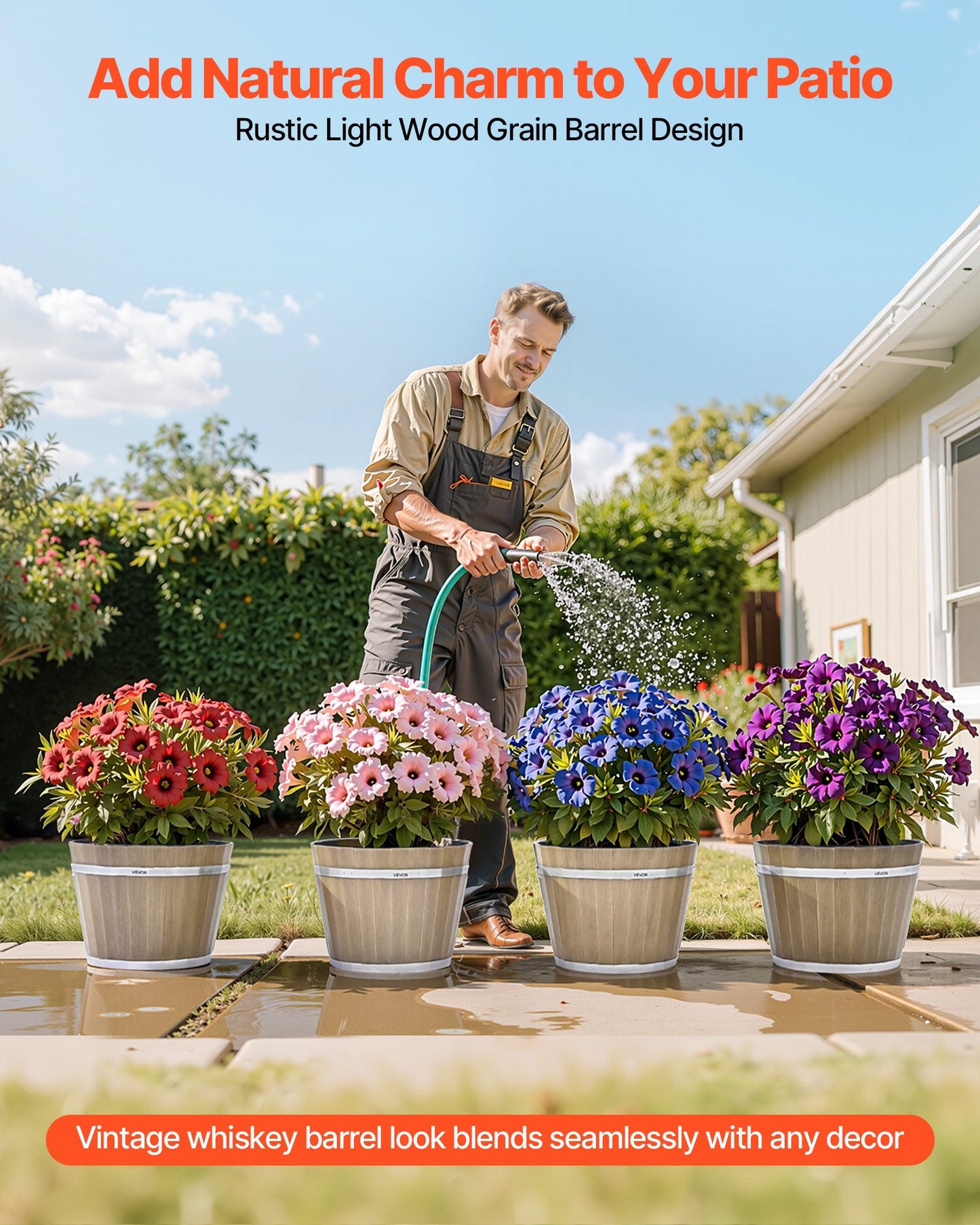 Resin Whiskey Barrel Planter - 11.8" Rustic Garden Pot for Outdoor Plants