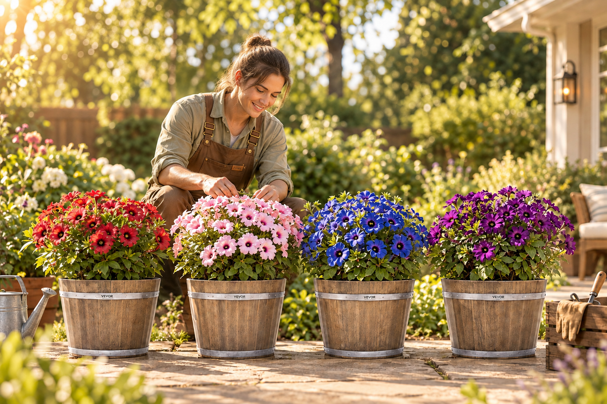 Man watering flowers in rustic light wood grain barrel planters on a patio.